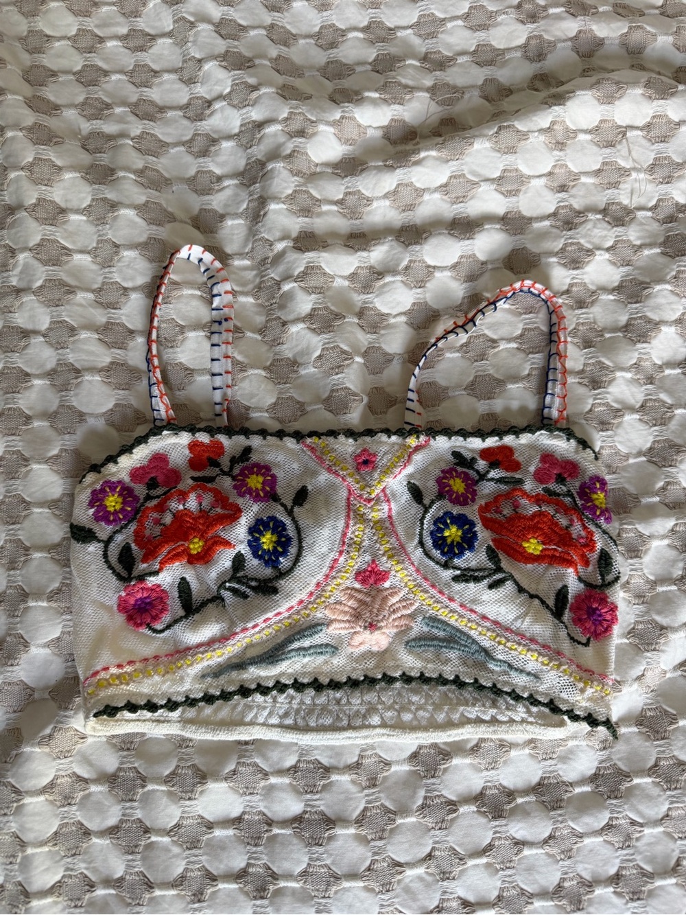 Embroidered Floral Crop Top - White with Multicolor Floral Accents